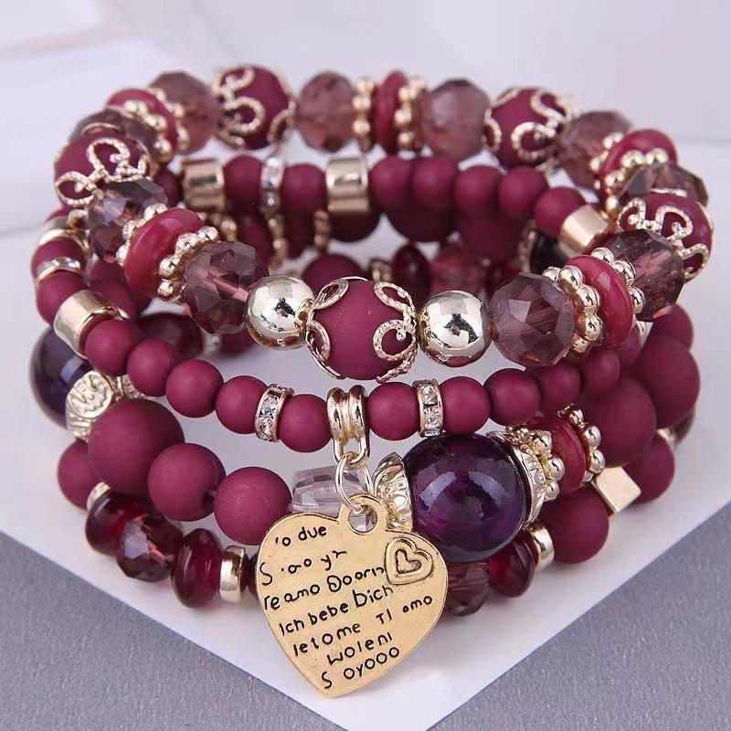Bohemian Multilayer Elastic Rope Bracelet with Alloy Heart Pendant