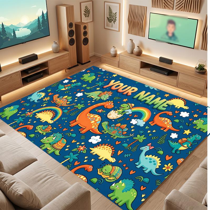 Dinosaur Theme Soft Crystal Velvet Rug Custom Name & Text Print Non Slip Floor Rug for Bedroom Living Room