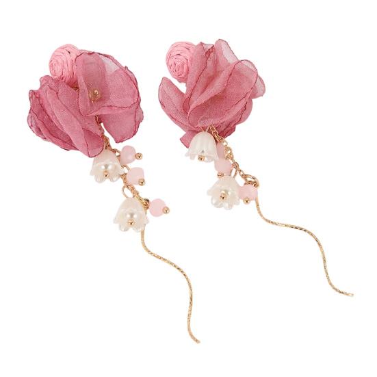Gauze Material Earrings Handmade Boho Raffia Ball Flower for Women, Bohemian Statement Tassel Chiffon Dangle Drop Earrings, Summer Beach Vacation розовый