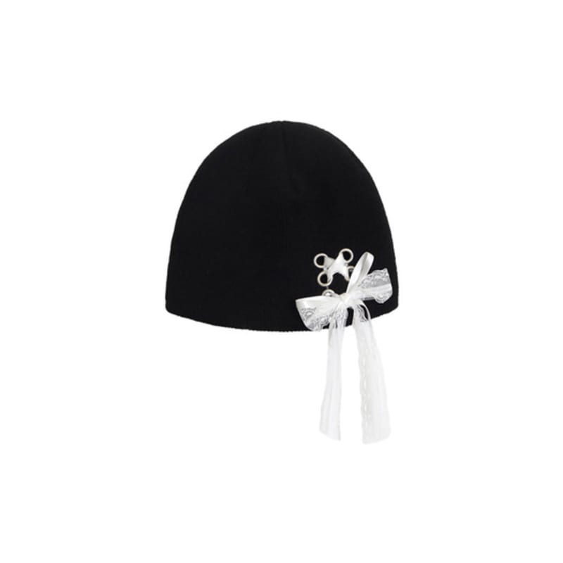 

pink PINEAPPLE RIBBON EYELET KNIT BEANIE_BLACK BLACK_FREE