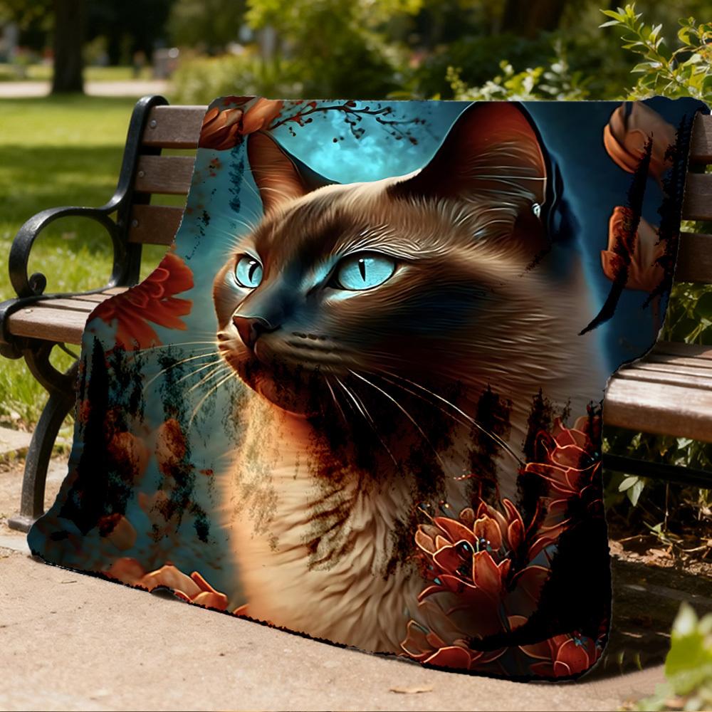 1pc Cat Flowers Outdoor Flannel Blanket Soft All Season Polyester Throw , Perfect for Picnics & Travel , Picnic Accessory