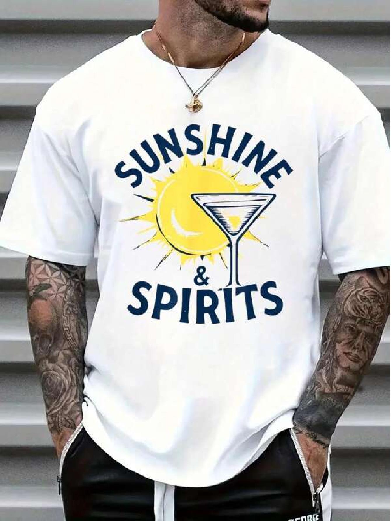 

Vintage Sunshine & Spirits T-shirt - White Tee with Navy Blue Cocktail Graphic - Lightweight Breathable Fabric for Beach XXXXL