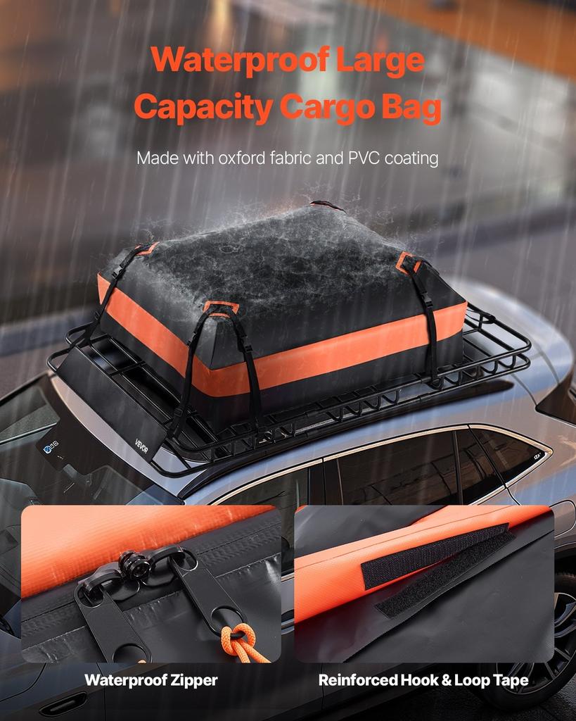 Roof Rack Basket, 1625 x 990 x 105 mm, Universal Rooftop Cargo Carrier with 1120 x 870 x 260 mm Cargo Bag, Net, Ratchet Straps, 113.4 kg Max Load