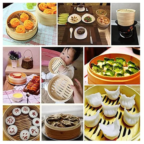 Bamboo Steamer, Basket Steamer for Steaming Chinese Food, Lid and Steamer Set (2 Steamers, 2 Tiers with Lid), Delicious, Fluffy Steamed Pork, Cookware