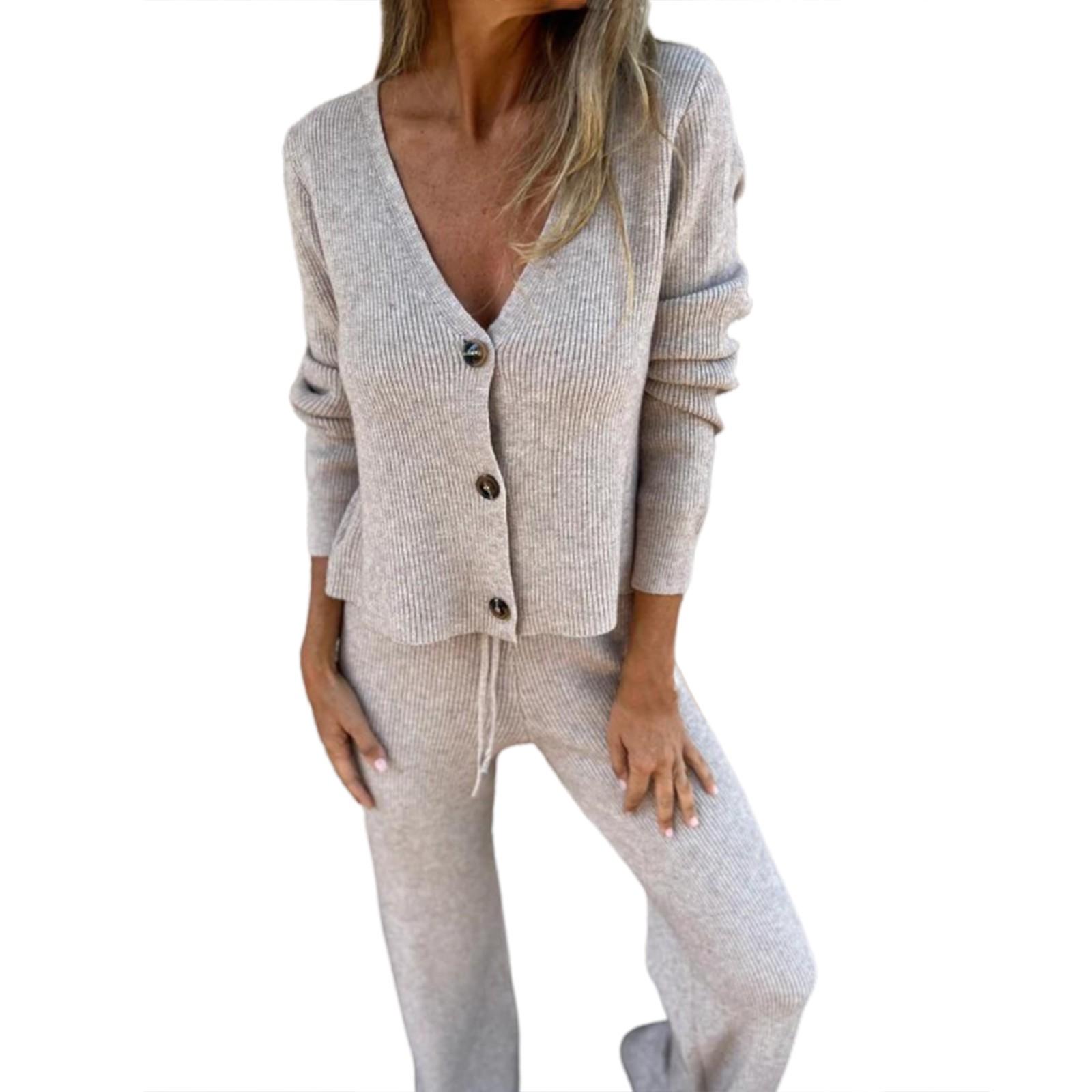 

Женский вязаный кардиган с длинными рукавами, V-образным вырезом, завязанными длинными брюками и свитером XL светло-серый