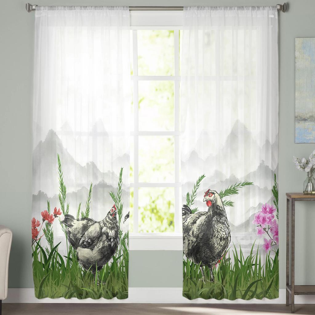 Hühnerpflanze Tuschemalerei Fenster Vorhänge Transparent Chiffon Tüll Vorhang Heim Wohnzimmer Hintergrund Dekoration