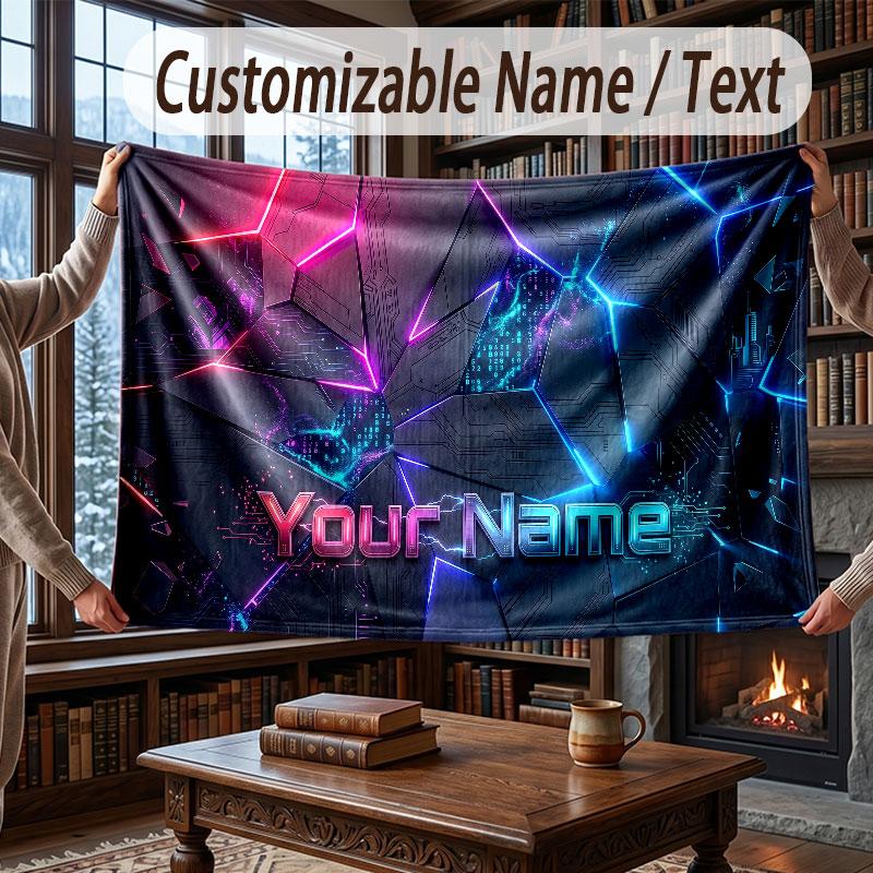 City Cyberpunk Theme Throw Blanket Custom Name Text Personalized Blanket Soft Cozy Blanket for Home Sofa Bed
