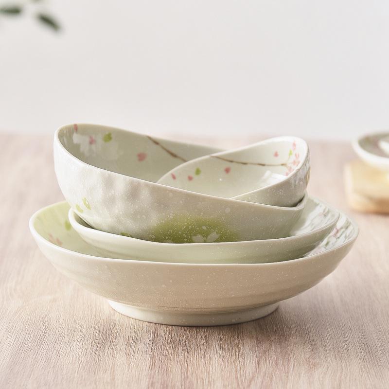 Cherry Blossom Ceramic Bowl & Plate Set: Includes Rice Bowl, Soup Bowl, Large Plate, Dish Plate, and Large Noodle Bowl - Japanese Imported.