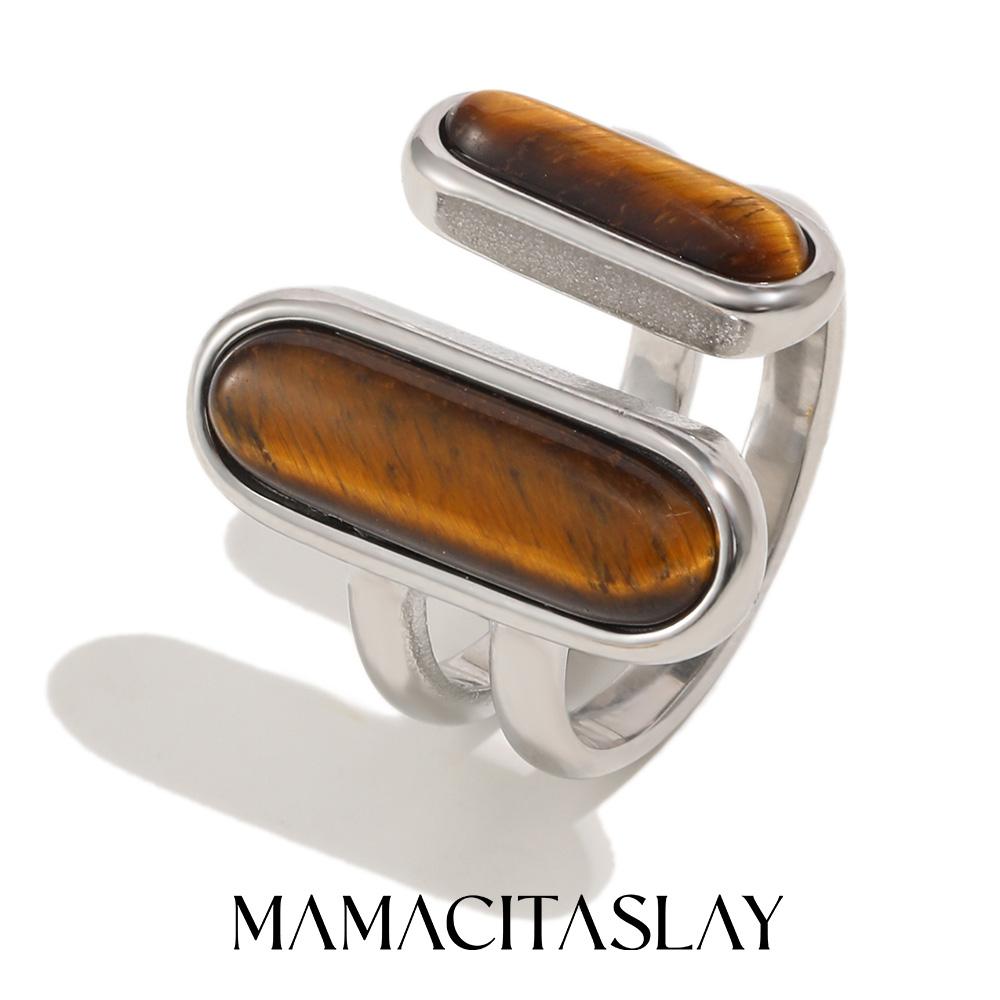 

MamacitaSlay 316L Stainless Steel Tiger Eye Asymmetric Ring 18K Gold Plated Waterproof Vintage Jewelry For Women Everyday Wear resizable срібний