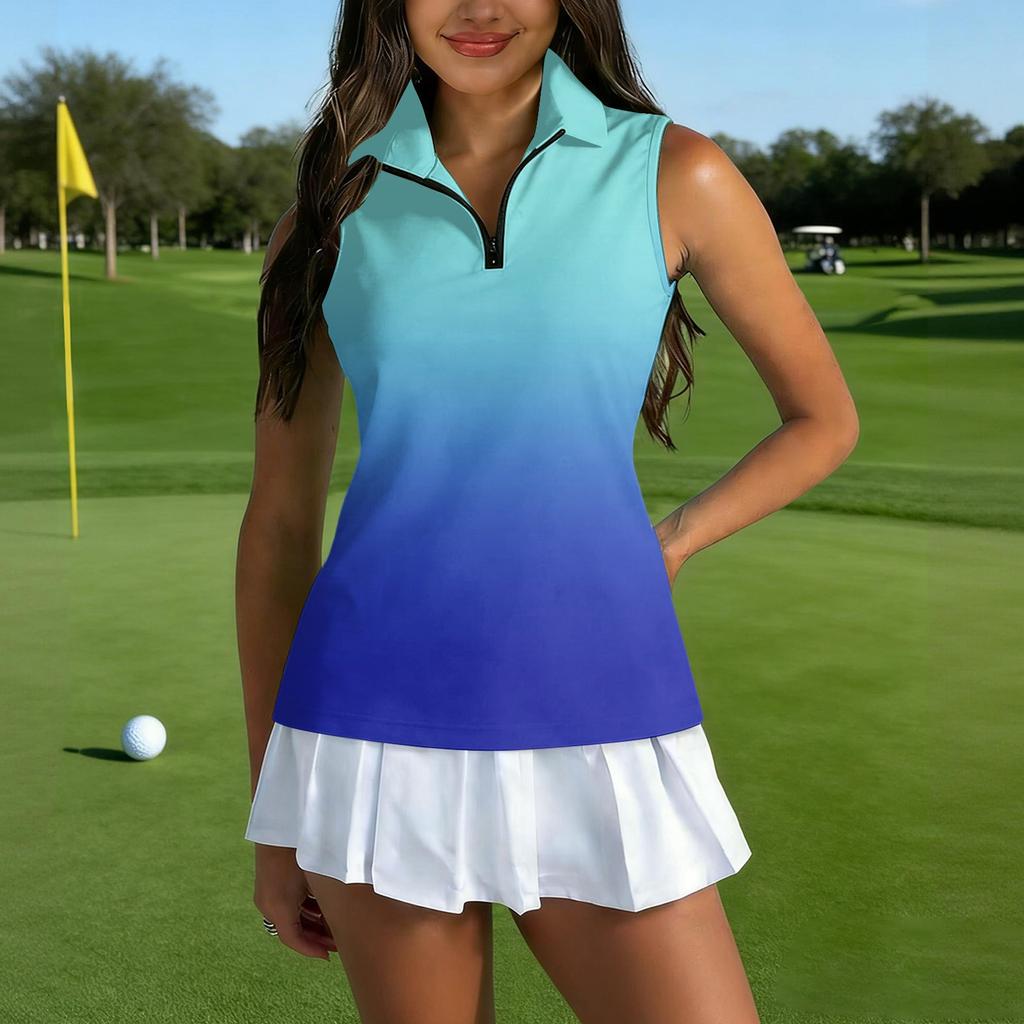 Camiseta Polo de Golf sin Mangas para Mujer Cremallera Delantera Cuello Alto Camiseta sin Mangas Deportiva Chaleco Atlético Estampado para Actividades al Aire Libre