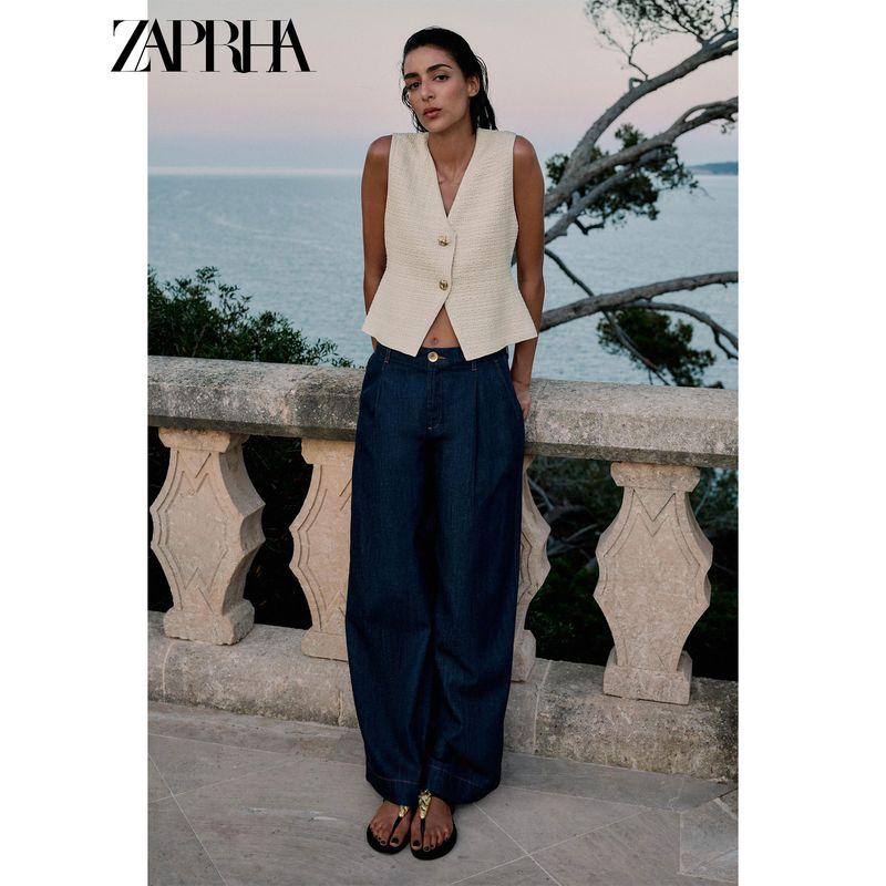 Zaprha 2025 Summer New Classic Western Style Knitted V-neck Sleeveless Texture Vest Top 4192057