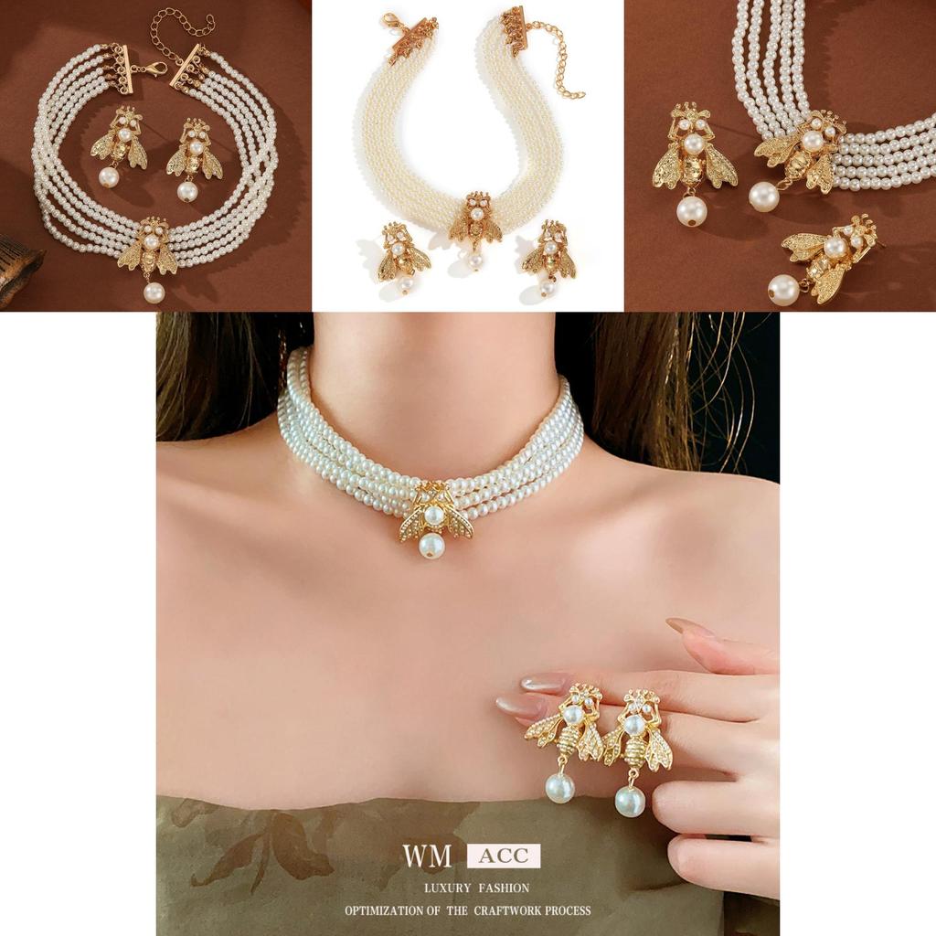 Pearl Animal Jewelry Set With Gold Small Bee Pendant And Earrings For Women