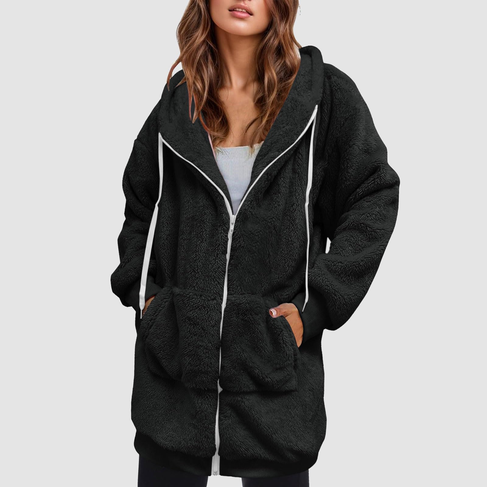 

Women s Fashionable Coat Solid Color Long Sleeved Hooded Drawstring Pocket Zipper Long Warm Jackett L чёрный