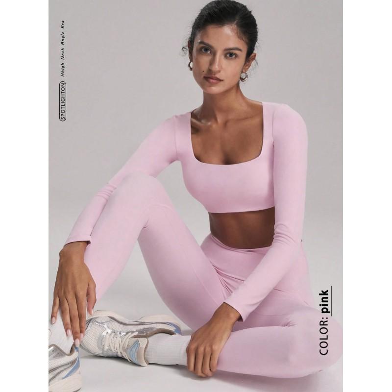 5-Color Solid Long Sleeve Yoga Set Women With High-Waisted Tapered Leggings Quick-Dry Stretch Fitness Outfit