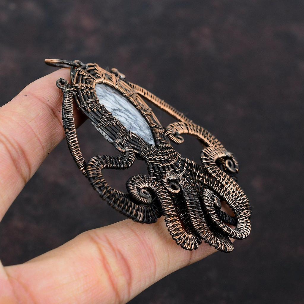 Pinolith Jasper Pendant Copper Wire Wrapped Pendant Handmade Pendant Copper Octopus Jewelry Wire Wrap Jewelry Gemstone Pendant Gift For Her