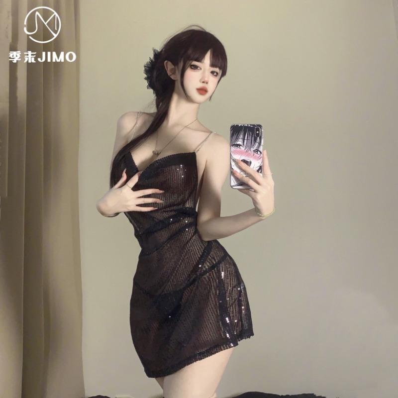 Sex Underwear Star Sparkling Piece Neck Low Cut Chain Cross Halter Hip Skirt Slim Suspender Dress