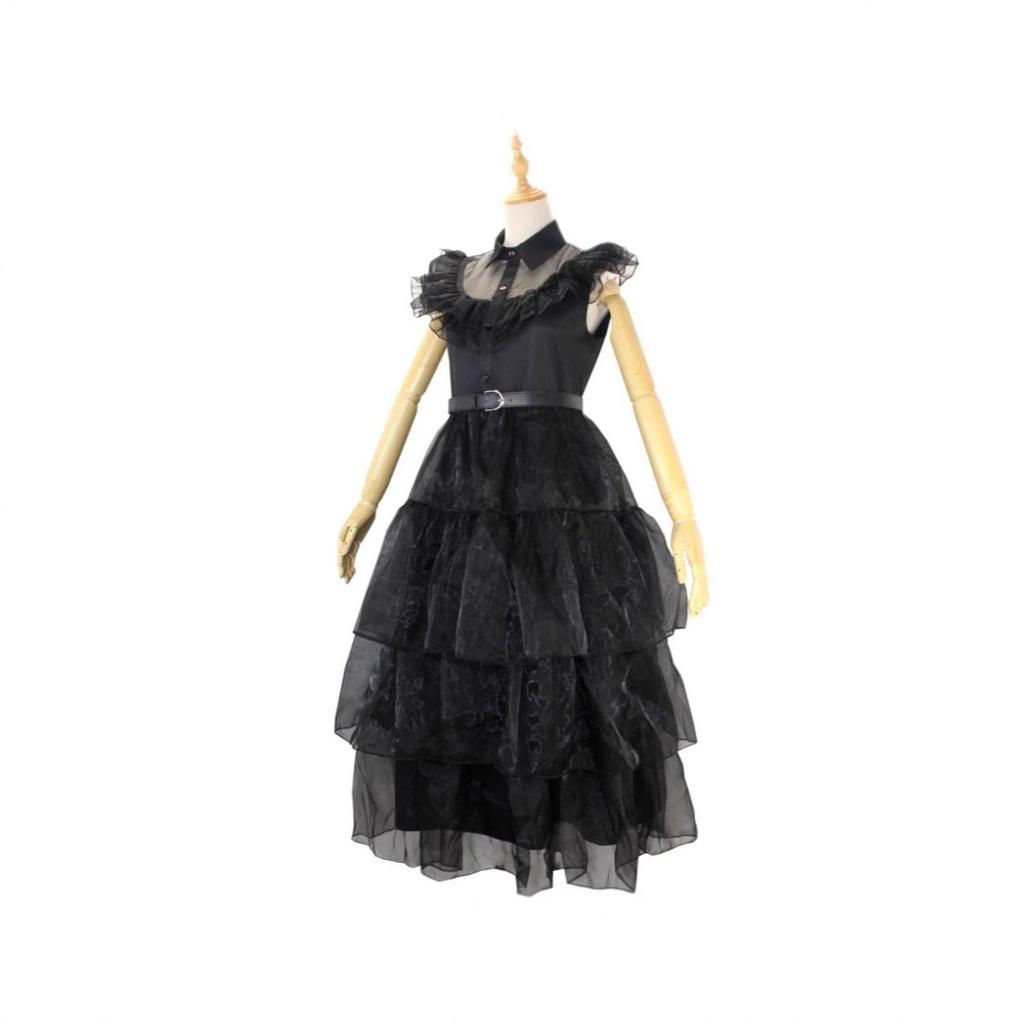 Addams Family Halloween Gotisk Sort Kjole Cosplay Kostume