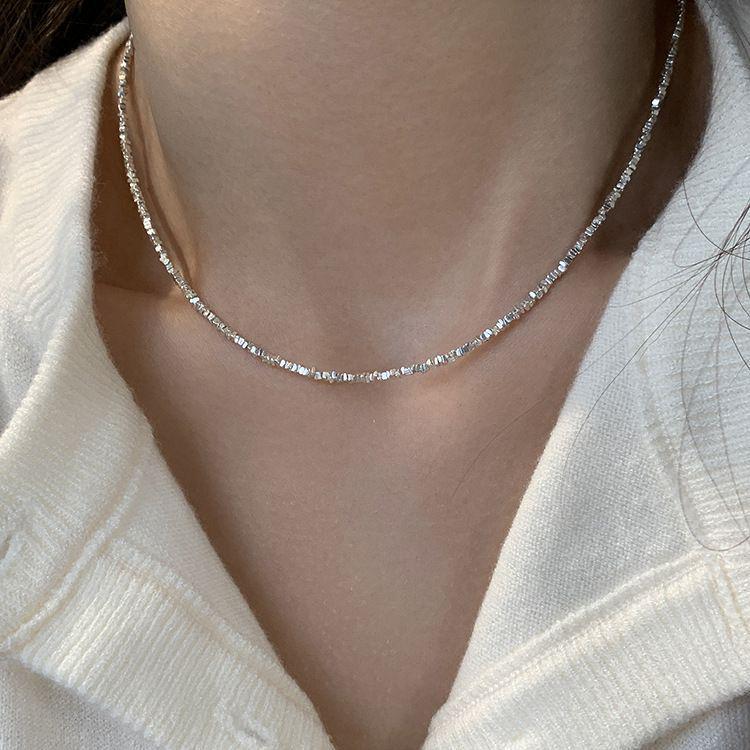 Elegant Silver Pearl Geometric Necklace - High-End Versatile Clavicle Chain for Women, New Style Glam with Fine Glitter