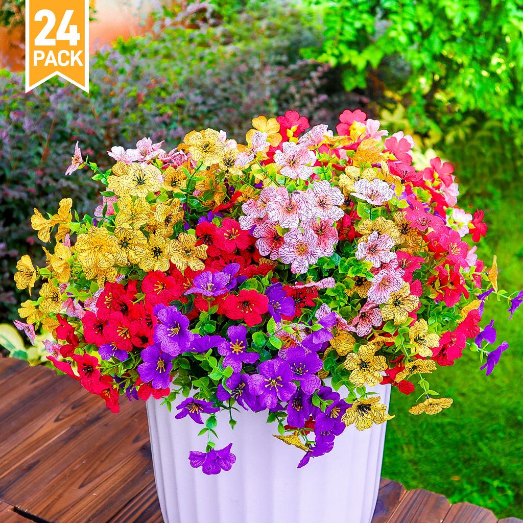 24 Bundles Artificial Flowers - Colorful Mix Daisy For Outdoor Decoration, Porch, Patio, Home, Window Box, Yard, Garden Planter
