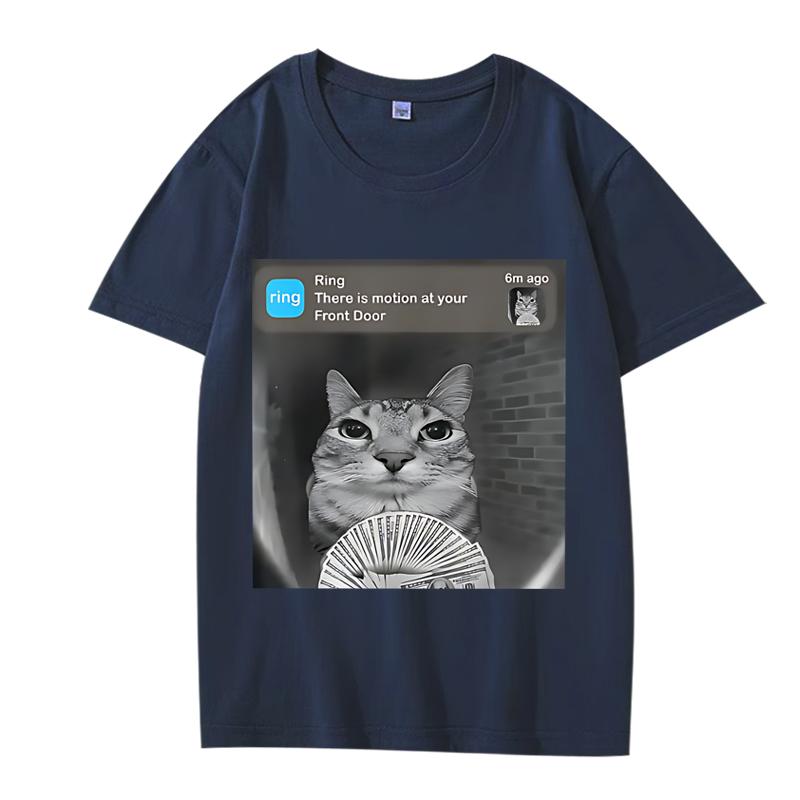 There Is Motion At Your Front Door Funny Silly Cat Meme T Shirt Men Women Oversized 100% Cotton  Short Sleeve Summer Unisextops
