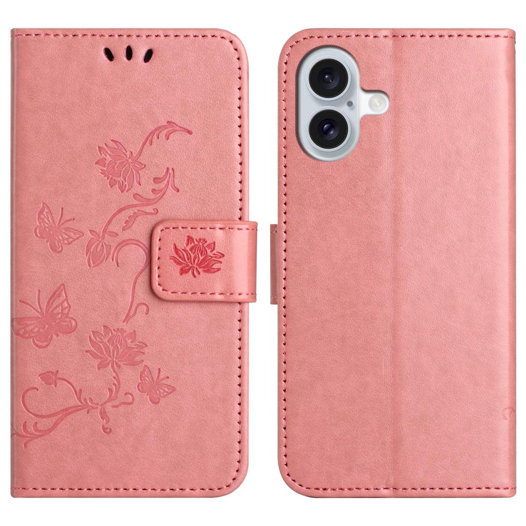 For iPhone 17 Case Wallet Stand Imprinted Butterfly Flower PU Leather Phone Cover