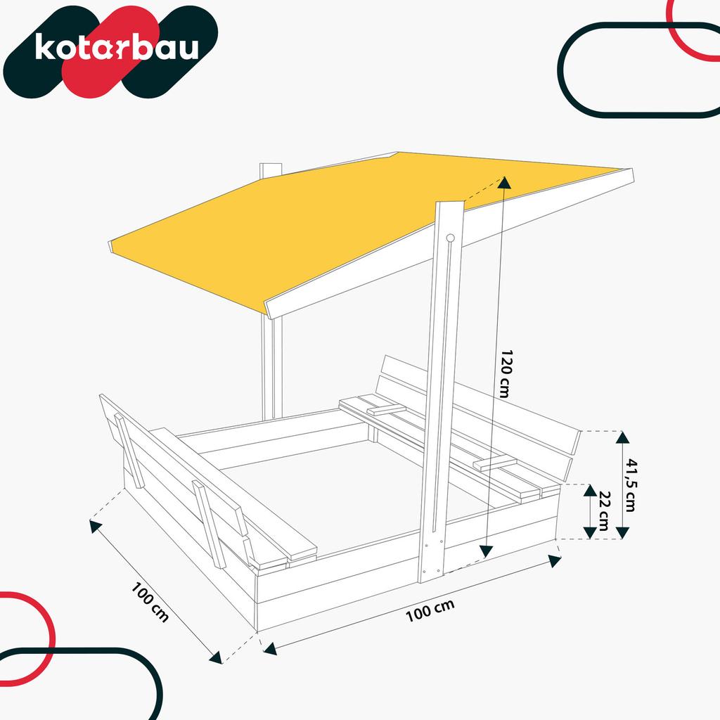 KOTARBAU® Large Wooden Sandbox with Yellow Roof, Impregnated, Closed, with Benches, Brown, 100 X 100 CM
