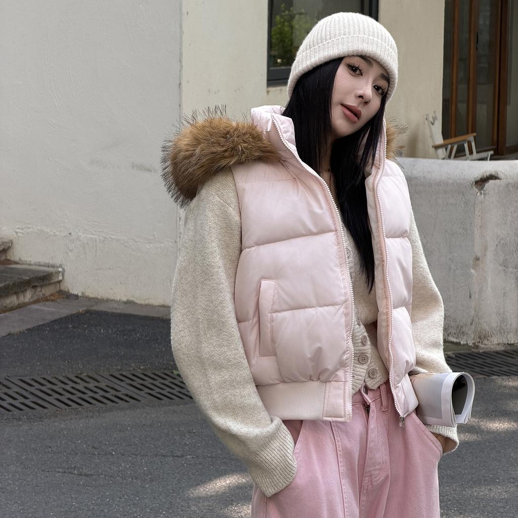 Women Hooded Fur Collar Padded Short Vest Warm Casual Autumn Winter