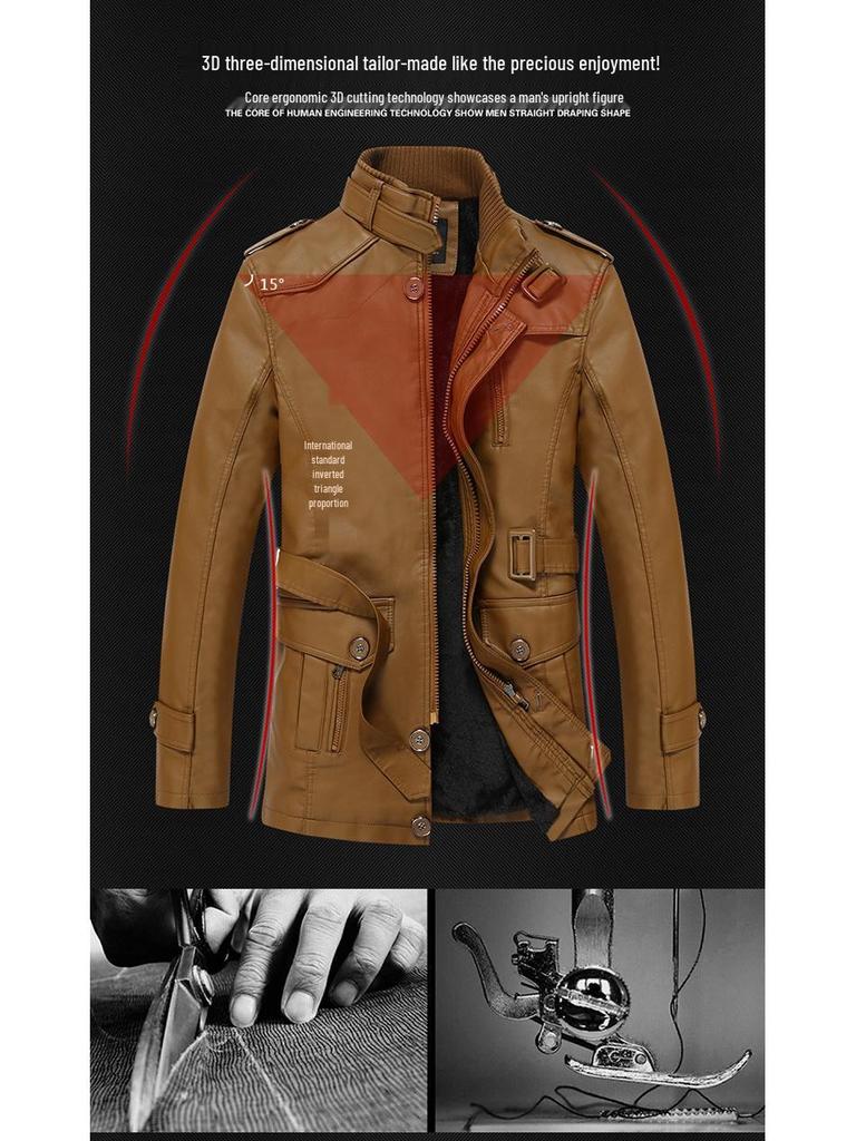 Men's Winter Fleece-Lined Leather Jacket, Mid-Length, Thickened, Casual, Middle-Aged, Warm Cotton Coat