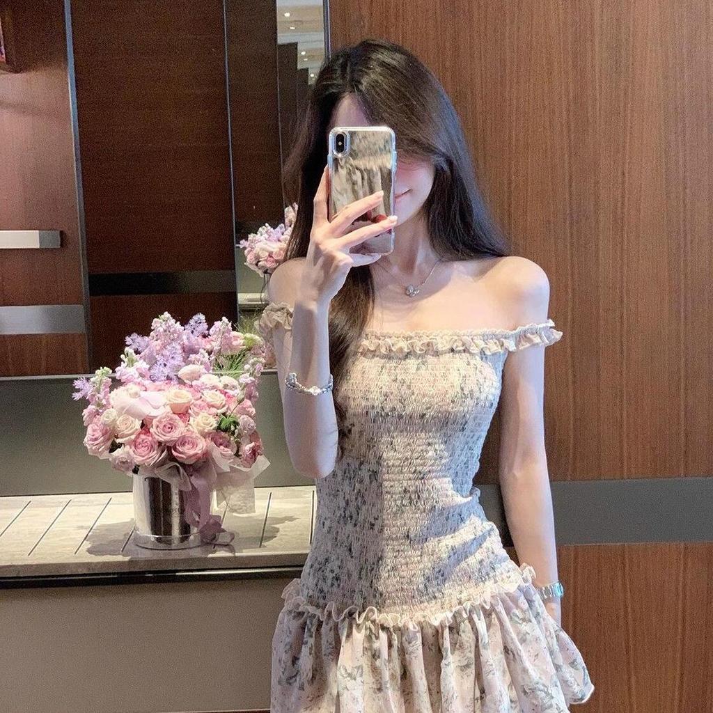Waist-Cinching 2026 Floral One-Shoulder Short Dress with Elastic Waist - New Summer Style for Women