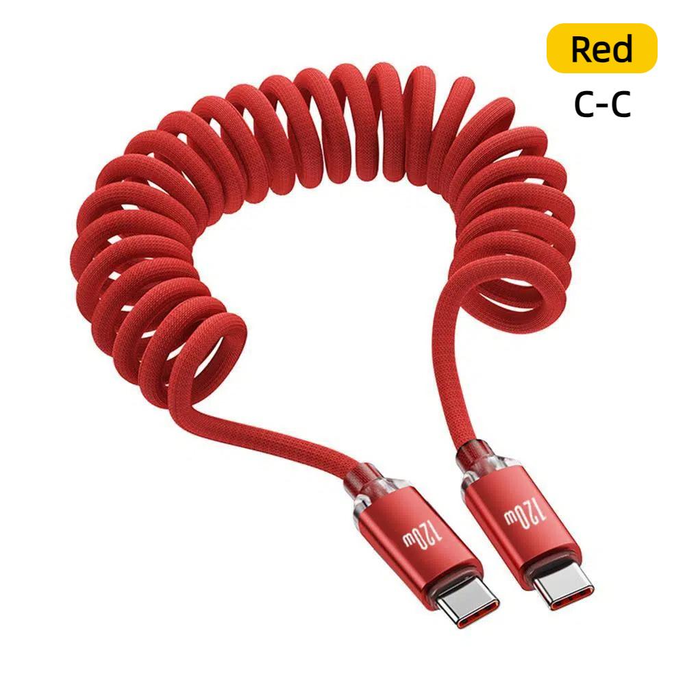 111W Car USB A to Type C Cable Spring Telescopic Fast Charging Cable USBC to C for iPhone 17 16 Samsung Xiaomi Huawei