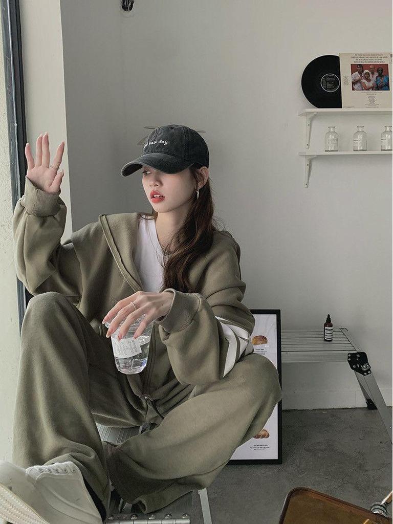 Dámská tepláková souprava Influencer: Volná mikina s kapucí na zip a tepláky v korejském stylu pro podzimní/jarní ležérní módu