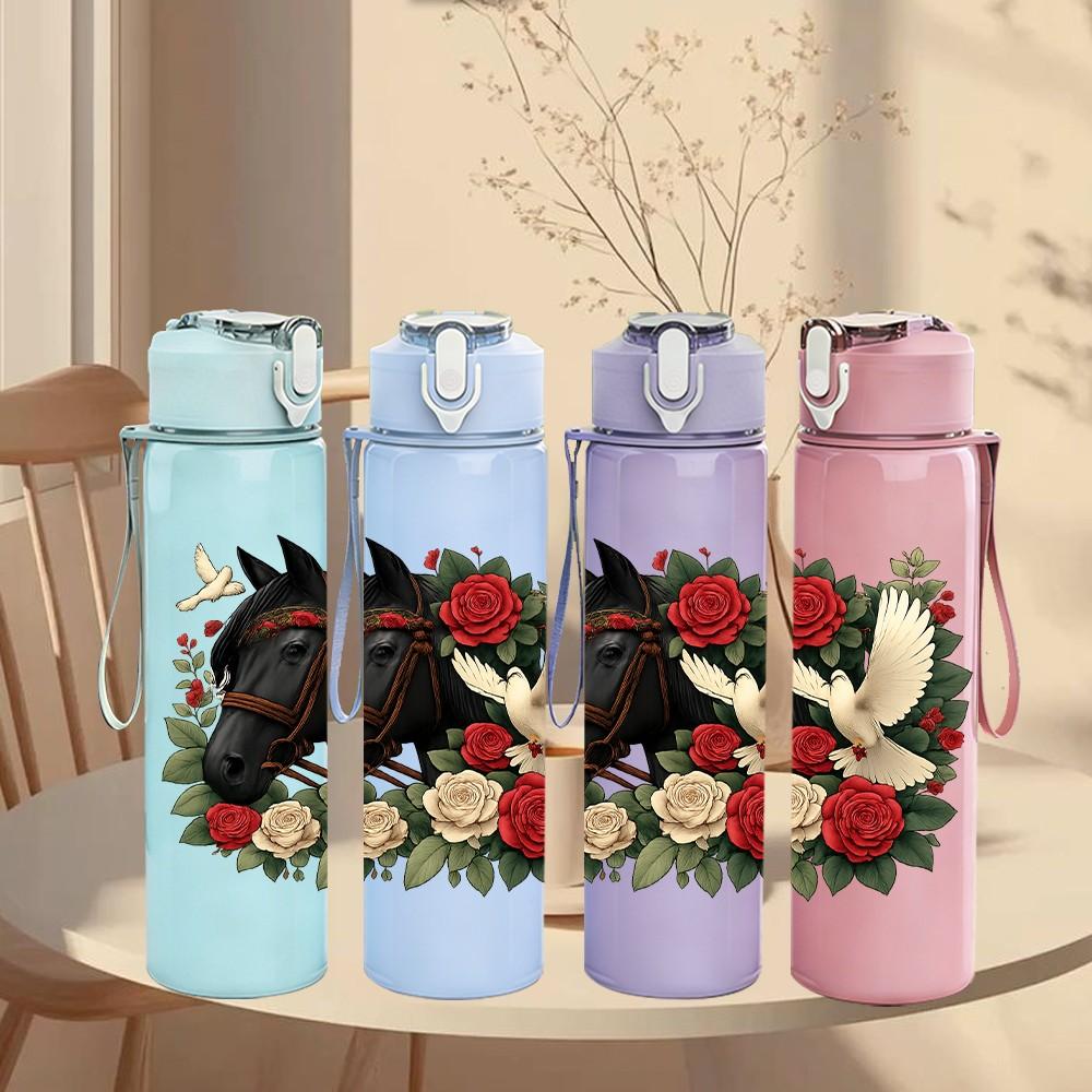 1PC Rose Black Horse Pattern 750ml Color Plastic Sports Water Bottle Leakproof Flip Straw Lid Suitable for Sports Office Home Use