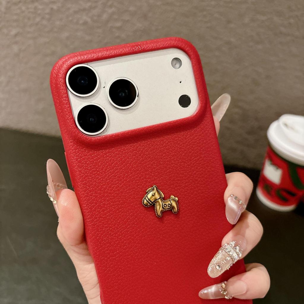 New Year Gold 3D Little Horse iPhone Case for 14/15/16/17 Pro – Lychee Pattern