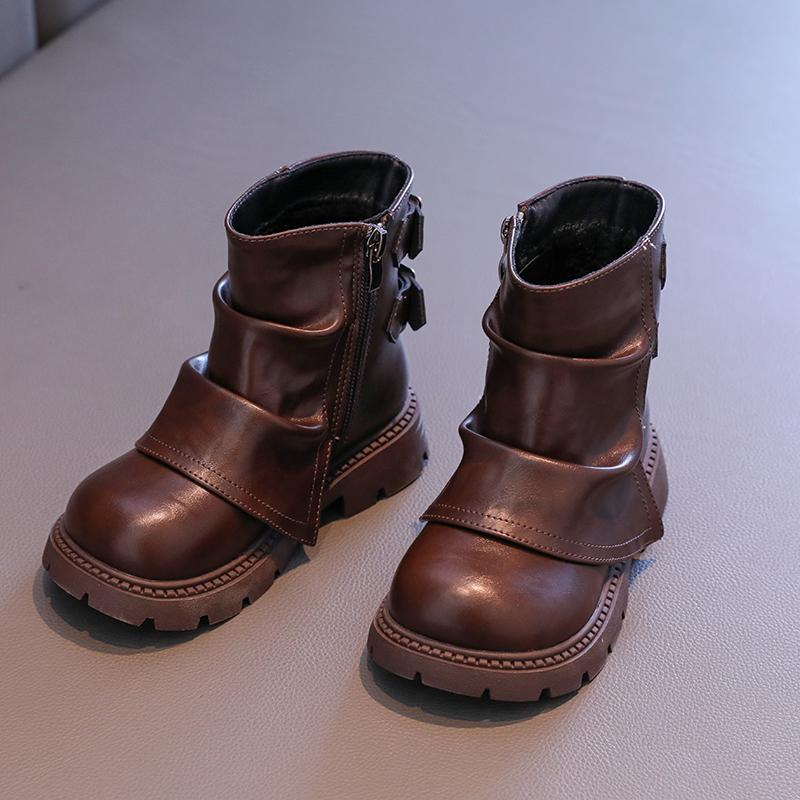 Winter Kid's Boot Plush Versatile Girls Cotton Boots Matte Leather Fashion Patchwork Children Causal Platform Ankle Boots Simple