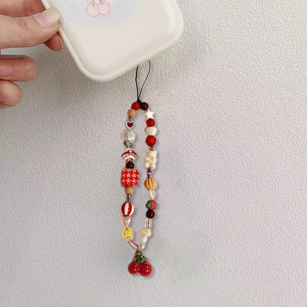 Heart Charm Keyring with Cherry Bear Cherry Bear Beaded Phone Keyring Keychain Pendant Hangings Decoration for Purse