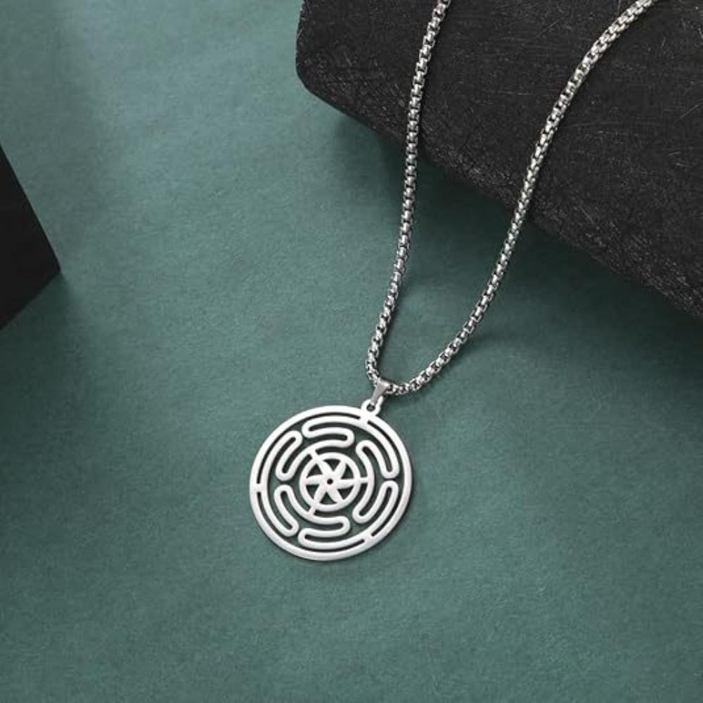 

Simple Fashion Stainless Steel Hollowed-out Totem Circular Pendant Necklace for Woman Men Pagan Witchcraft Sweater Chain Jewelry