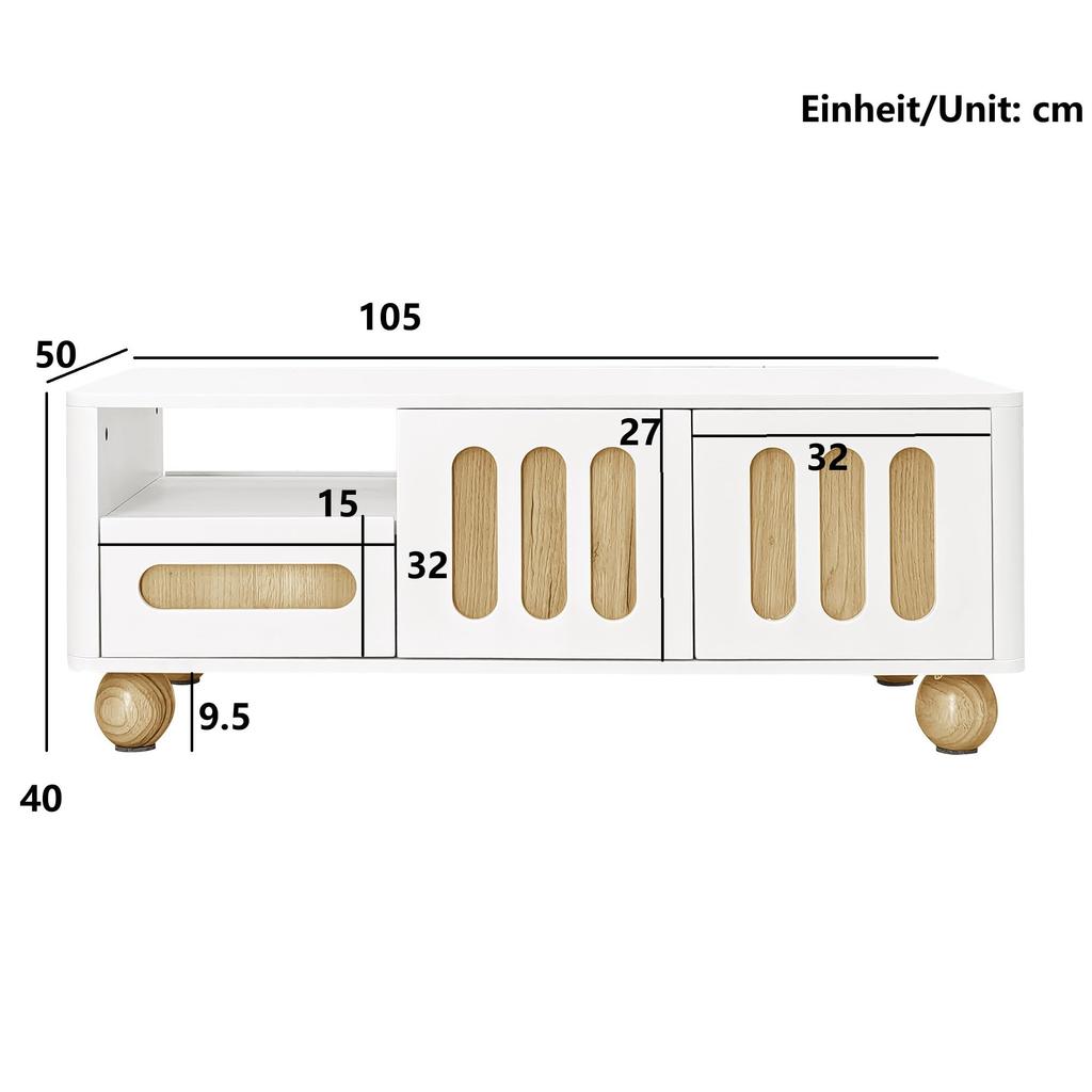 Couchtisch, Wohnzimmertisch mit 2 Schubladen und 4 Türen, offenem Fach mit LED-Beleuchtung, abgerundeten Ecken, kugelförmigen Beinen