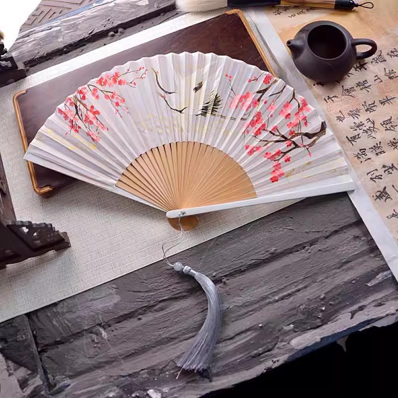 Antique Folding Fan, Nine Tailed Fox, Fairy Crane, Carrying Summer Hanfu for Men and Women, 7 "Full Bamboo Folding Fan
