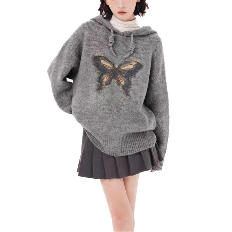 Grauer Pullover Schmetterling Kapuzenstrickpullover Damen 2025 Herbst- und Winterpullover Lässiger Pullover Locker Langärmeliges Oberteil