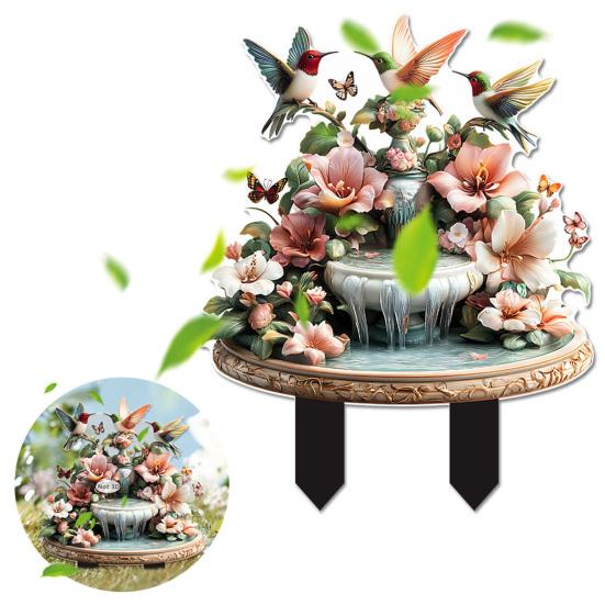 Kolibri-Brunnen Gartenstecker, 2D Acrylblumen und Kolibris Hofkunst-Stecker, Wasserdichte Außenbrunnen-Gartendekoration für Rasenpflanzer
