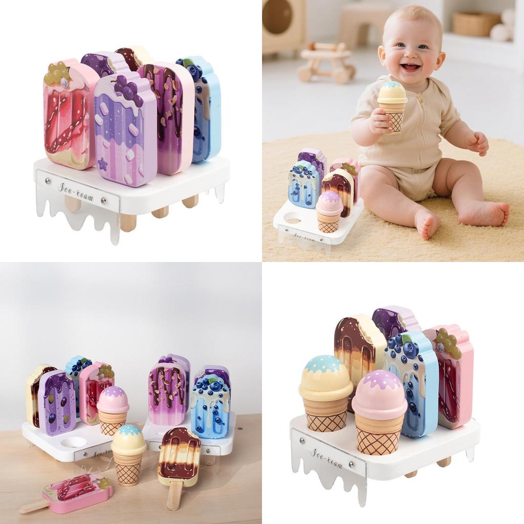 Wooden Pretend Kids Ice Cream Shop Play Set With Realistic Dessert Display For Childrens Role Play