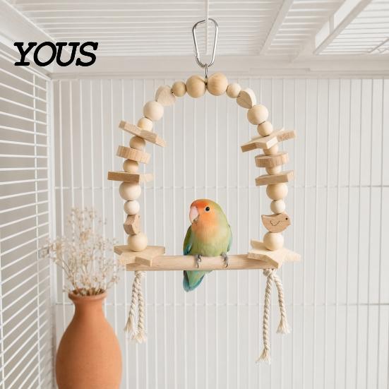 Wood Parrot Toy Hanging Swing Toy, Wooden Bird Perch Stand for Cage, Standing Branch Beads Blocks Chew Parakeet Cockatiel Budgie Macaws