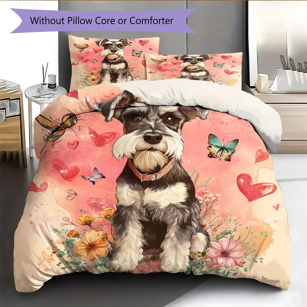 Pink Schnauzer Pattern Bedding Home Decoration Birthday Gift (1 * Duvet Cover + 2 * Pillowcase, Without Core)