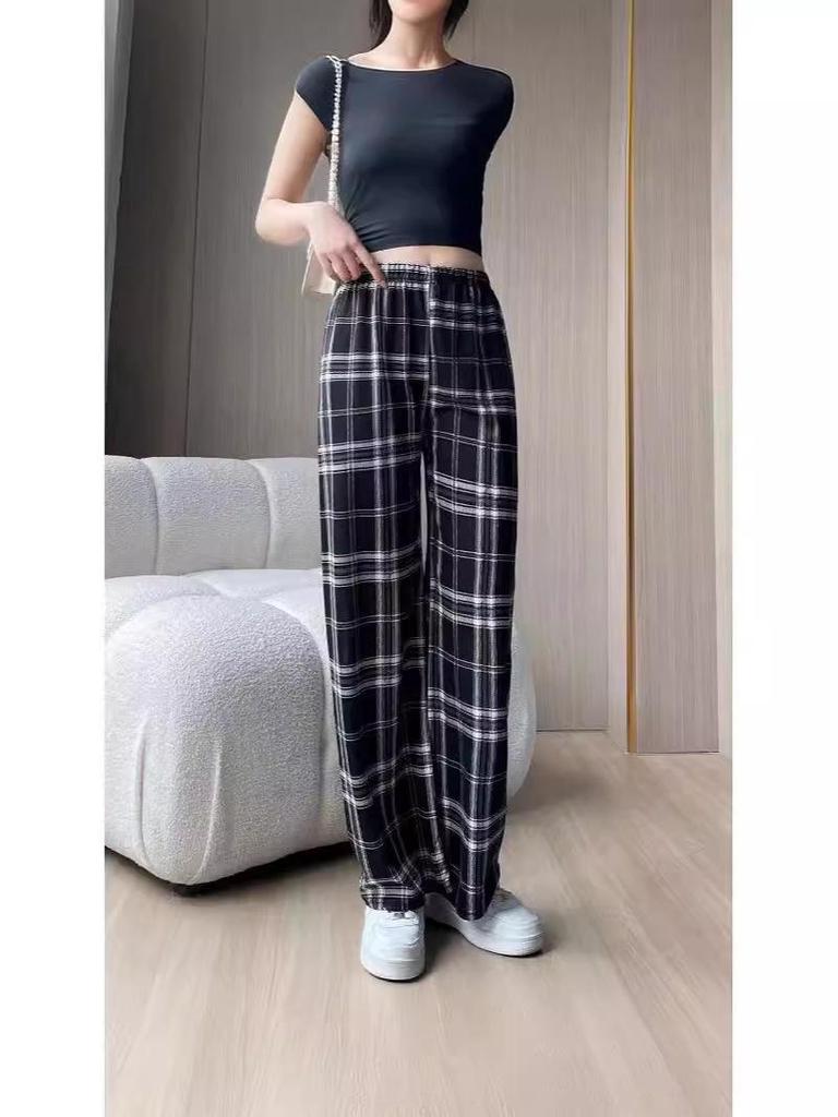 2024 Trendy Korean Plaid Wide-Leg Pants for Women - Slimming, Versatile, and Stylish for Spring/Summer