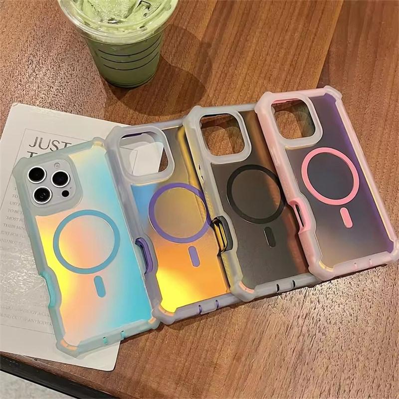 Luxury Magsafe Laser Dazzling Armor Case For iPhone 16 15 14 13 Pro Max Plus Samsung S22 23 24 25 Ultra Wireless Charging Dual Layer Protection Cover