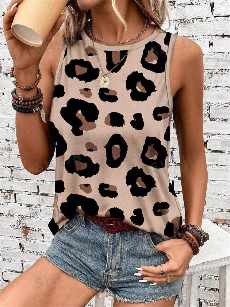Outdoor Street Fashion Women's Sleeveless T-shirt Summer Casual Daily Crew Neck Tank Top Leopard Print Women's Elegant Tank Top