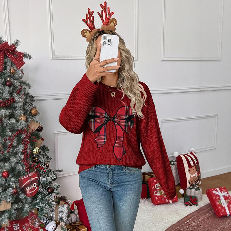 Knitted Sweater Winter Bow Stitching Round Neck Pullover Sweater for Women Fashionable and Versatile