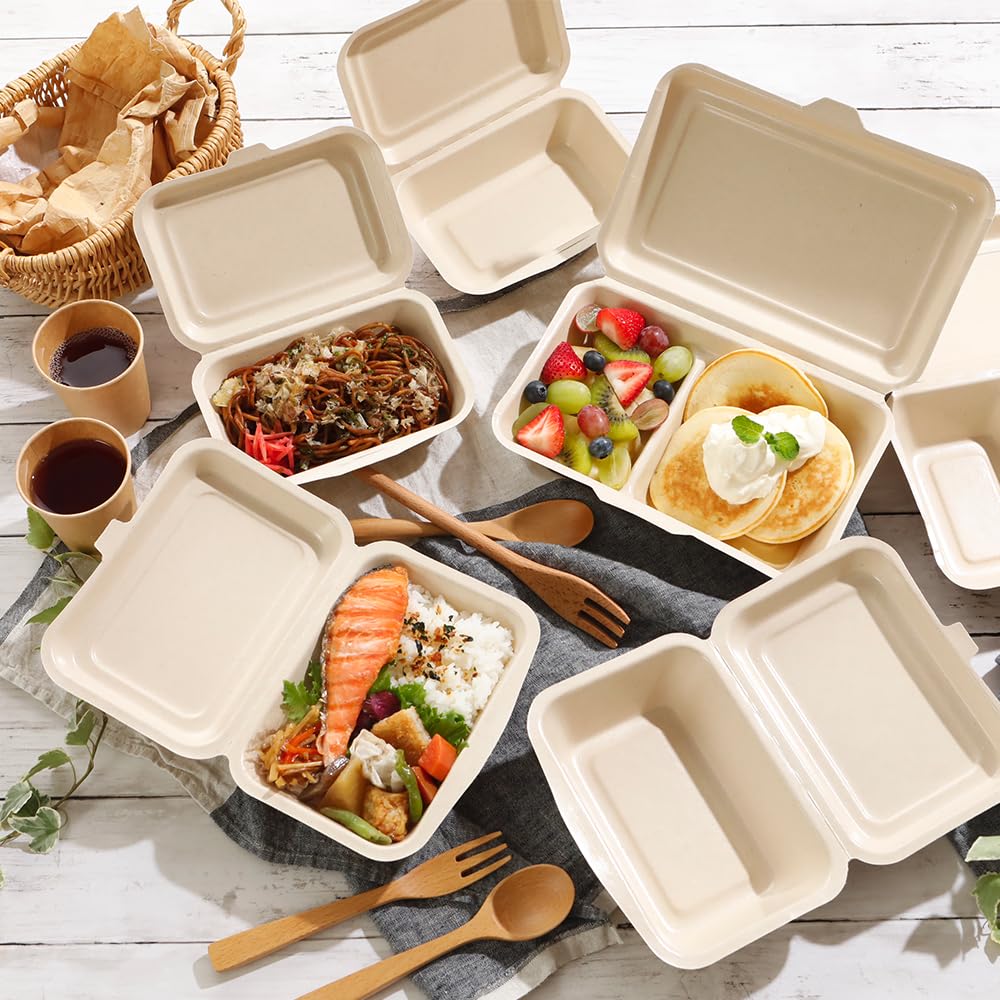 Disposable Lunch Pack of Rice Water and Oil Commercial ECO&BASIC Boxes, 450ml, Laminated, 50, Microwaveable, Takeout, Bagasse, Unbleached, Resistant,