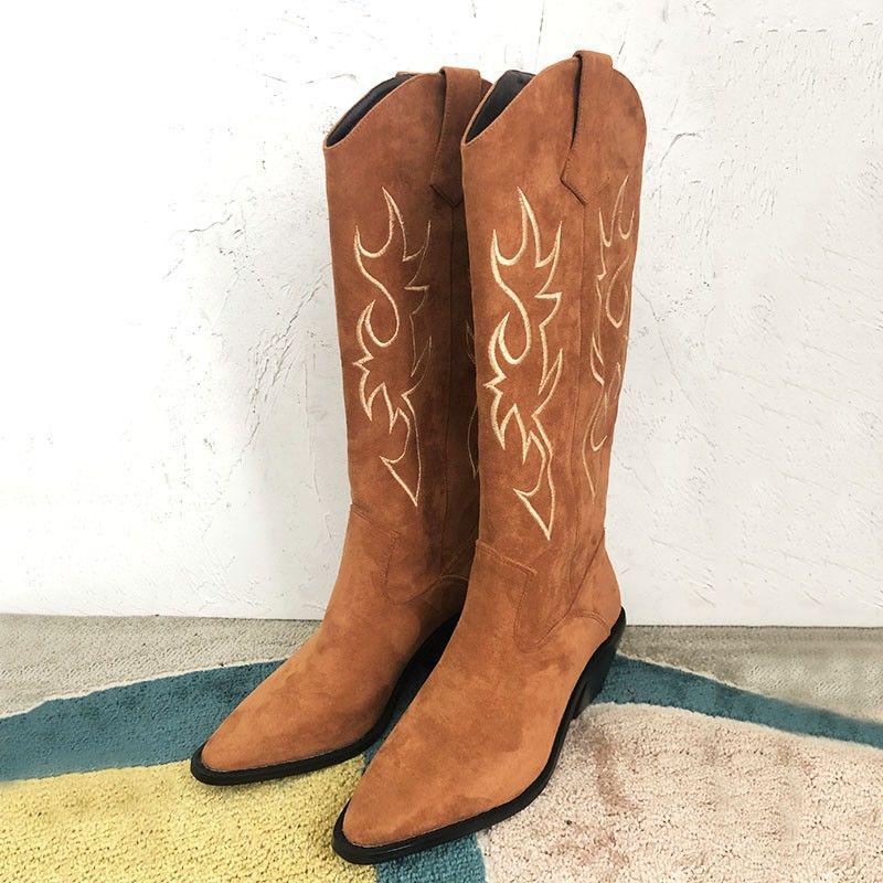 2025 Retro Chunky Heel Embroidered Pointed Toe Slip-on Western Cowboy Boots for Women