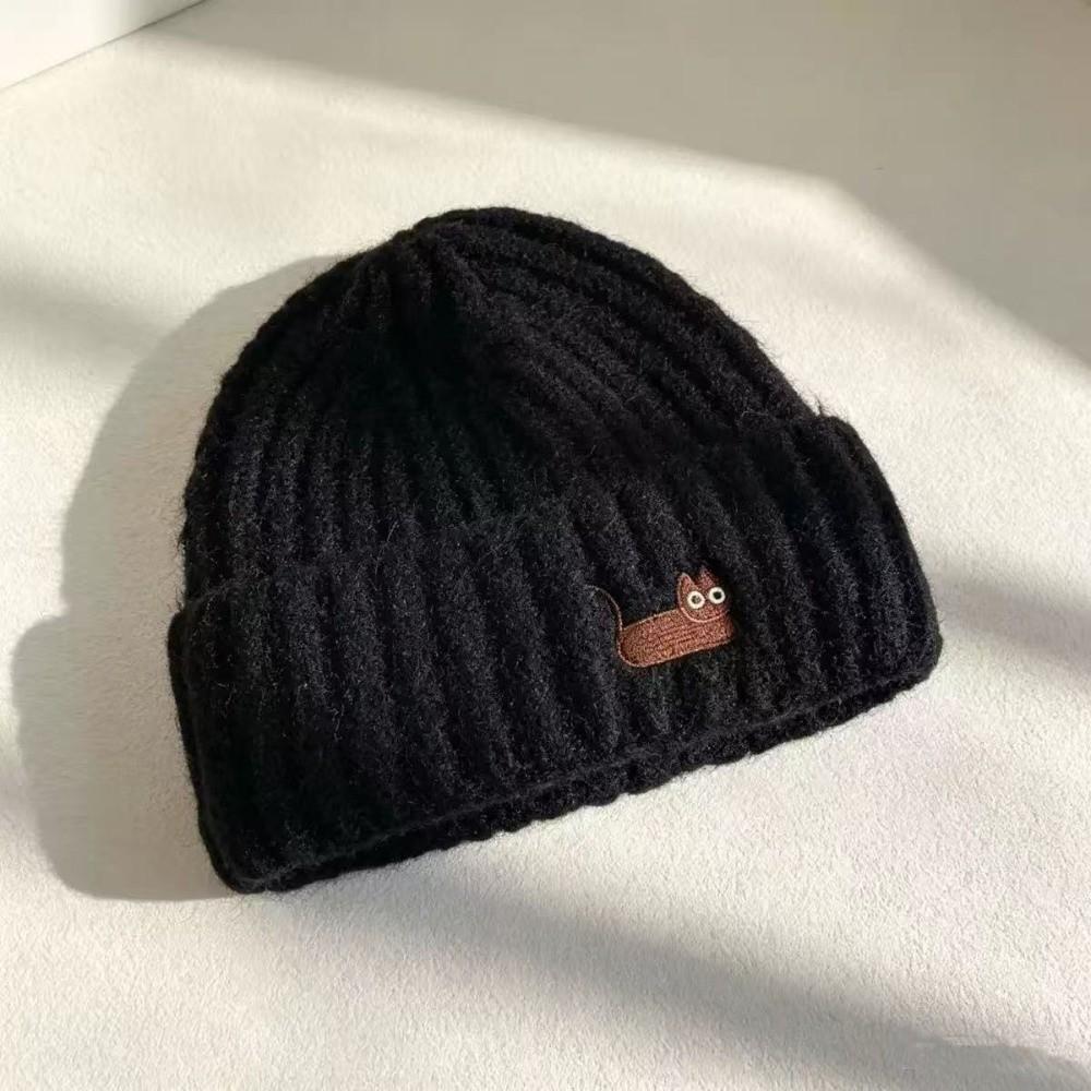 Soft Warm Beanie Hat Cat Embroidered Winter Thermal Cap New Knitted Woolen Hat  Women